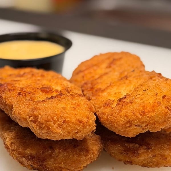 Crispy golden-brown chicken tenders piled on a white surface with a small cup of dipping sauce.