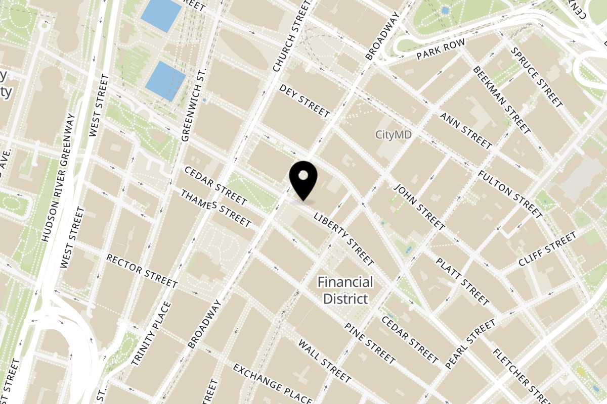 Map showing the location of Fulton Burger Broadway on 69 Liberty St in New York
