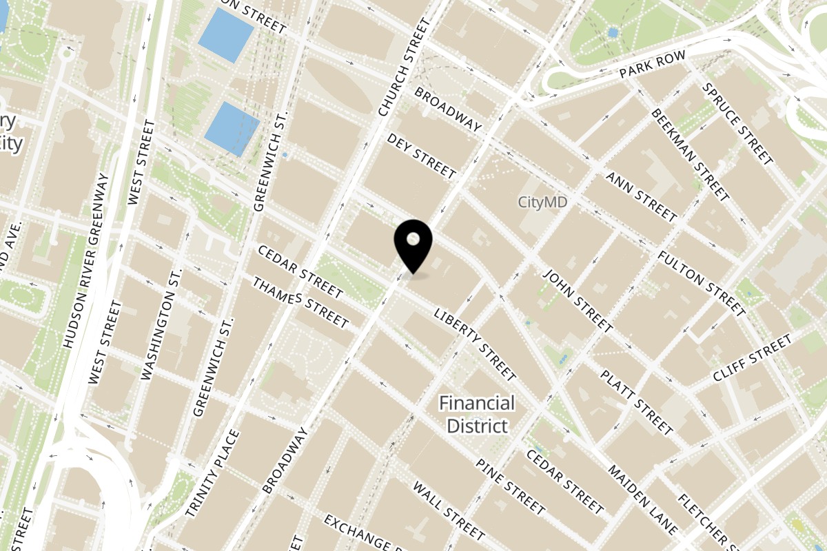 Map showing the location of Fulton Burger Fulton Burger Broadway on 150 Broadway in New York
